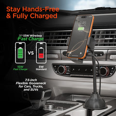 15W Wireless Car Charger Phone Mount – Cup Holder Phone Holder with Fast Wireless Charging, Flexible Gooseneck, One-Hand Operation & 360° Rotation for iPhone & Android | Black