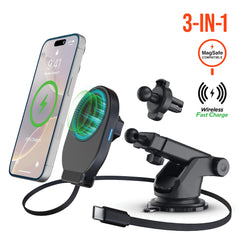 Magnetic Wireless Car Phone Mount – MagSafe-Compatible 15W Fast Charging Mount with Retractable USB-C Cable, Vent, Dashboard & Windshield Mount Kit | Black