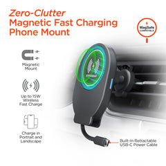 Mag Grip Magnetic Wireless Car Phone Mount – MagSafe-Compatible 15W Fast Charging Mount with Retractable USB-C Cable, Vent, Dashboard & Windshield Mount Kit | Black