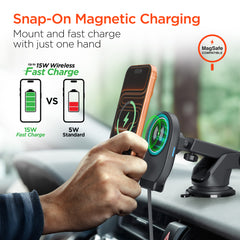 Magnetic Wireless Car Phone Mount – MagSafe-Compatible 15W Fast Charging Mount with Retractable USB-C Cable, Vent, Dashboard & Windshield Mount Kit | Black