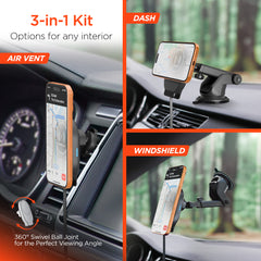 Magnetic Wireless Car Phone Mount – MagSafe-Compatible 15W Fast Charging Mount with Retractable USB-C Cable, Vent, Dashboard & Windshield Mount Kit | Black