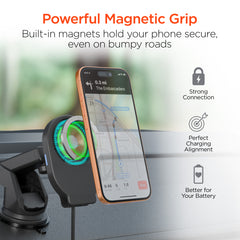 Mag Grip Magnetic Wireless Car Phone Mount – MagSafe-Compatible 15W Fast Charging Mount with Retractable USB-C Cable, Vent, Dashboard & Windshield Mount Kit | Black