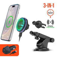 Magnetic Wireless Car Phone Mount – MagSafe-Compatible 15W Fast Charging Mount with Vent, Dashboard & Windshield Mount Kit, 25W USB-C PD Car Charger & USB-C Cable | Black
