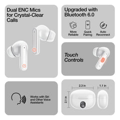 ANC True Wireless Earbuds – Active Noise Cancelling Bluetooth 6.0 Earbuds with Transparency Mode, ENC Microphones, 24-Hour Battery Life & USB-C Charging Case | White