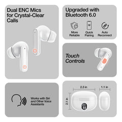 HyperBudz ANC True Wireless Earbuds – Active Noise Cancelling Bluetooth 6.0 Earbuds with Transparency Mode, ENC Microphones, 24-Hour Battery Life & USB-C Charging Case | White