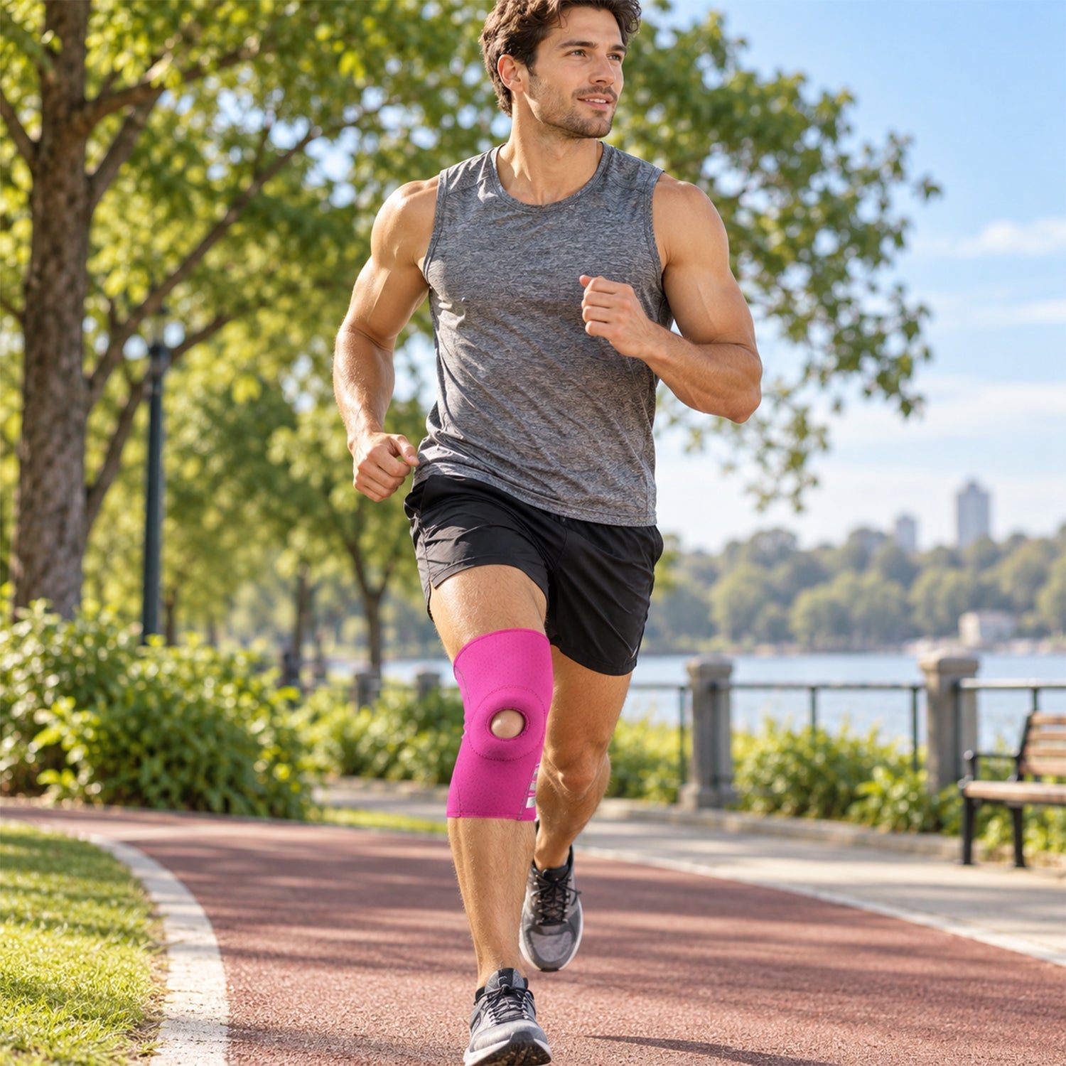 Reflective Knee Compression Sleeve, Breathable Pull-On Knee Support, Hot Pink