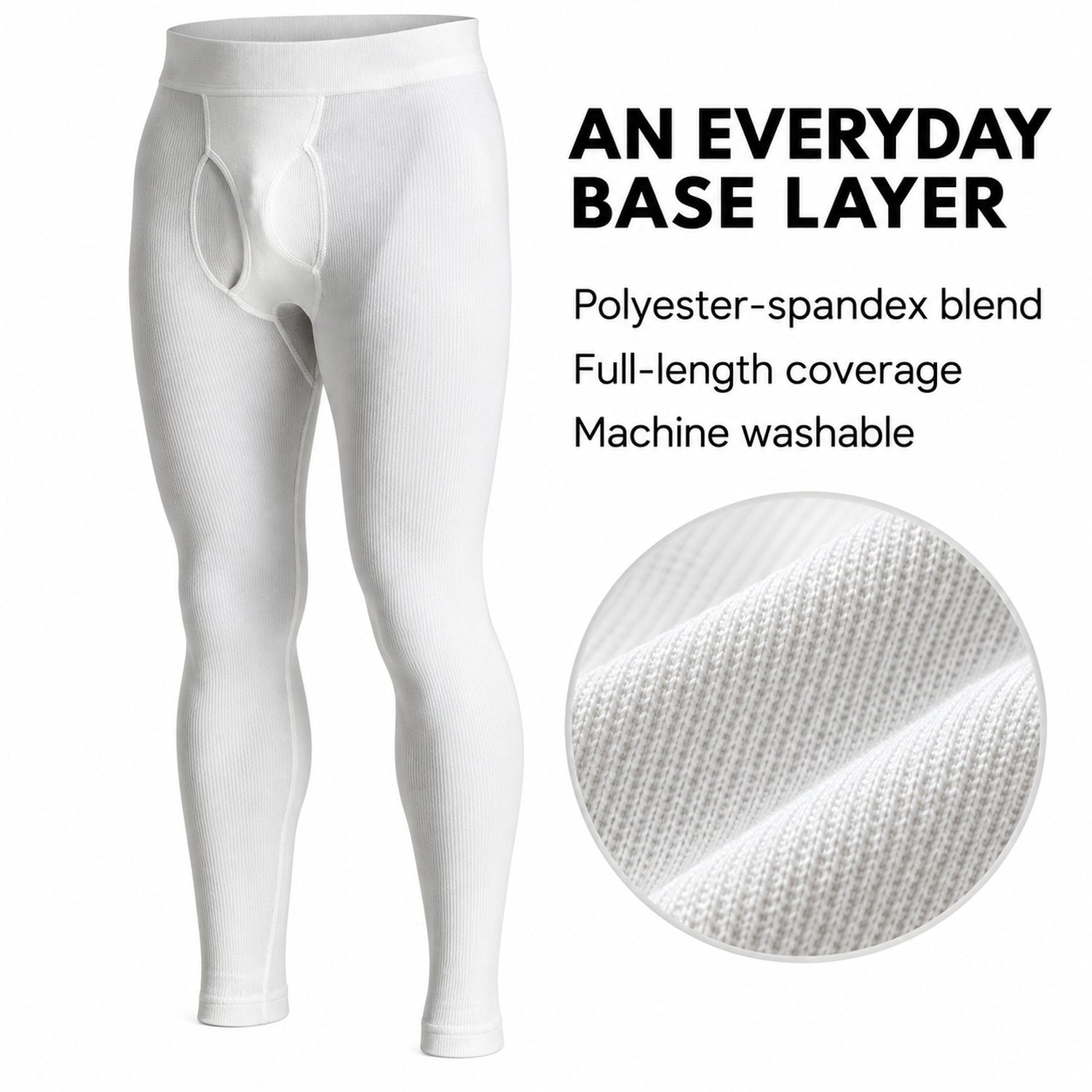 Men's White Compression Pants, Stretch Thermal Base Layer Leggings, Small to XL
