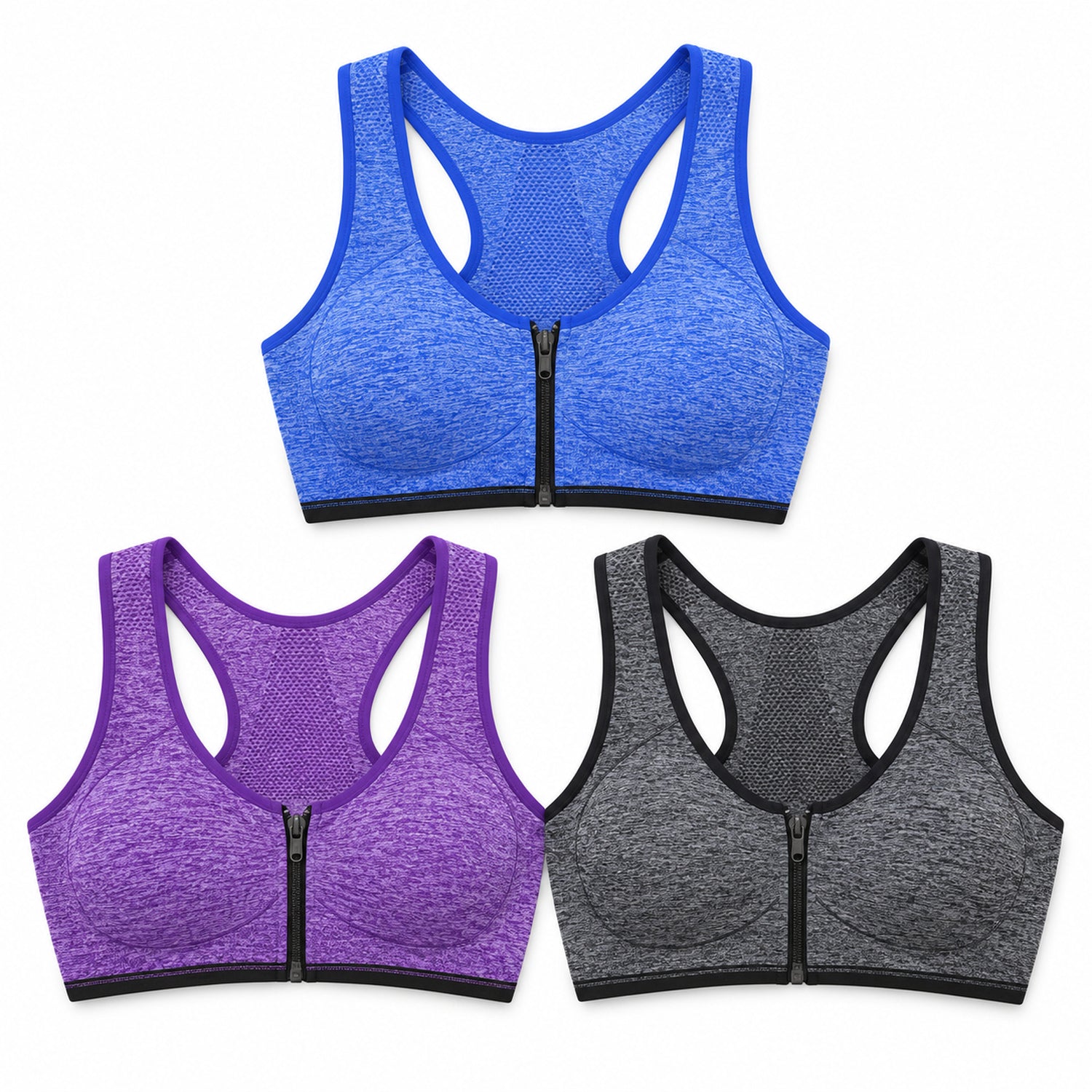3-Pack Front-Zip Sports Bras, Workout Support with Hook-and-Eye Closure