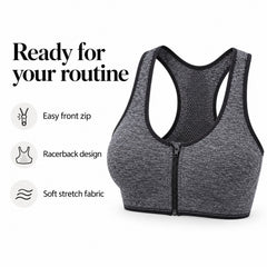 3-Pack Front-Zip Sports Bras, Workout Support with Hook-and-Eye Closure