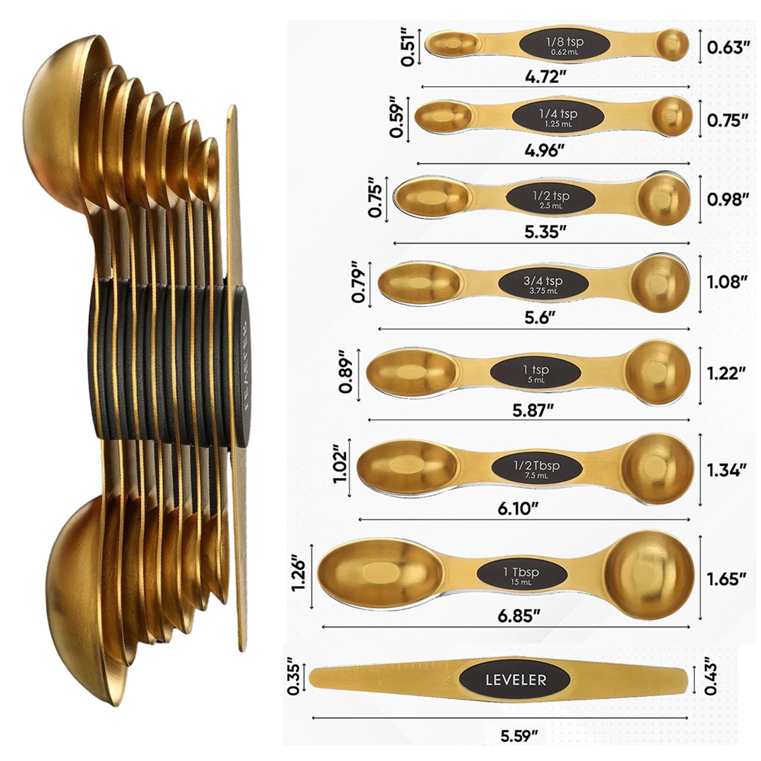 Stackable Spoon Set Double Sided Stackable Copper Magnetic Measuring Spoons Set with Level ...