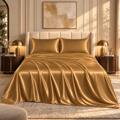 4-Piece Satin Bed Sheet Set – Silky Soft 100% Polyester Satin Sheets with 14-Inch Deep Pocket Fitted Sheet, Hypoallergenic 90 GSM Bedding Set, Full, Queen & King