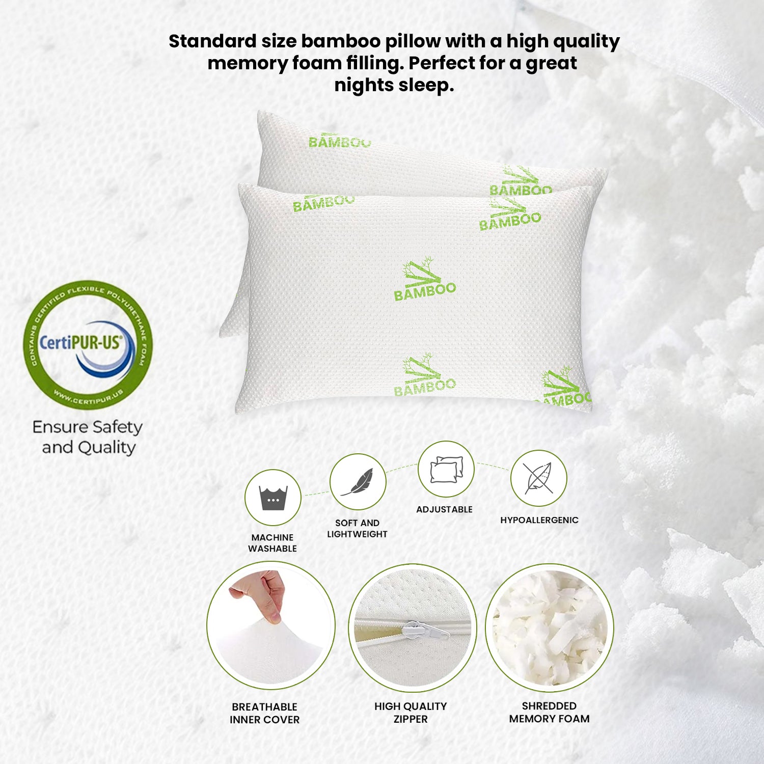 2-Pack: Bamboo Memory Foam Cooling Hypoallergenic Pillows - Back, Stomach, Side Sleeper Firm