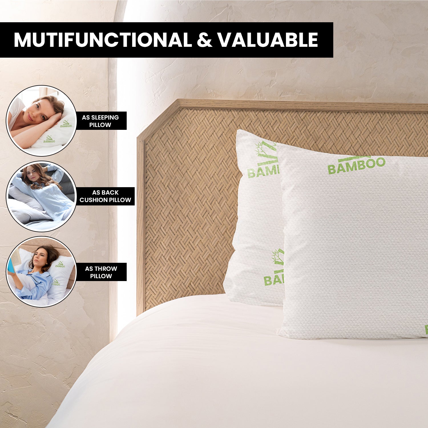 2-Pack: Bamboo Memory Foam Cooling Hypoallergenic Pillows - Back, Stomach, Side Sleeper Firm