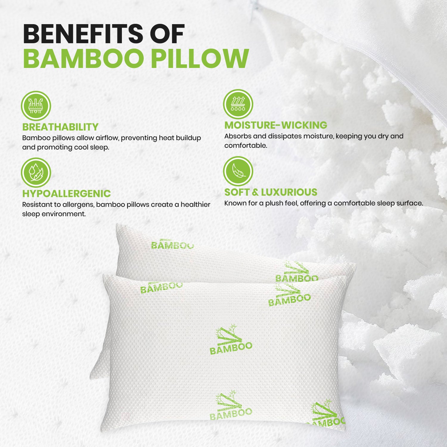 2-Pack: Bamboo Memory Foam Cooling Hypoallergenic Pillows - Back, Stomach, Side Sleeper Firm