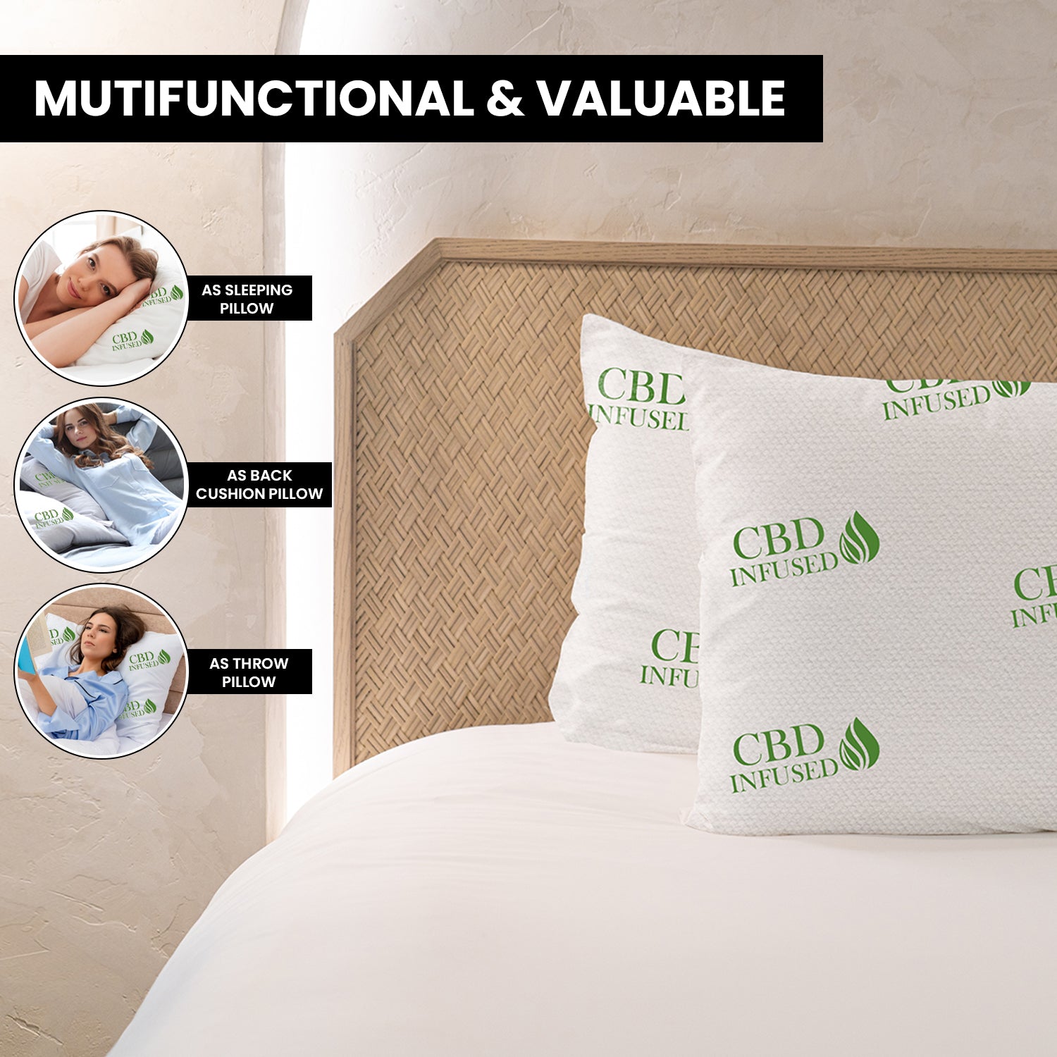 2-Pack: CBD Infused Medium Support Memory Foam Pillows Designed for Back and Side Sleepers