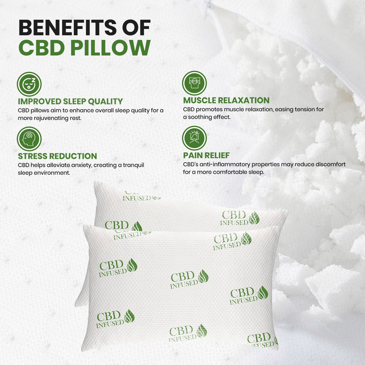 2-Pack: CBD Infused Medium Support Memory Foam Pillows Designed for Back and Side Sleepers