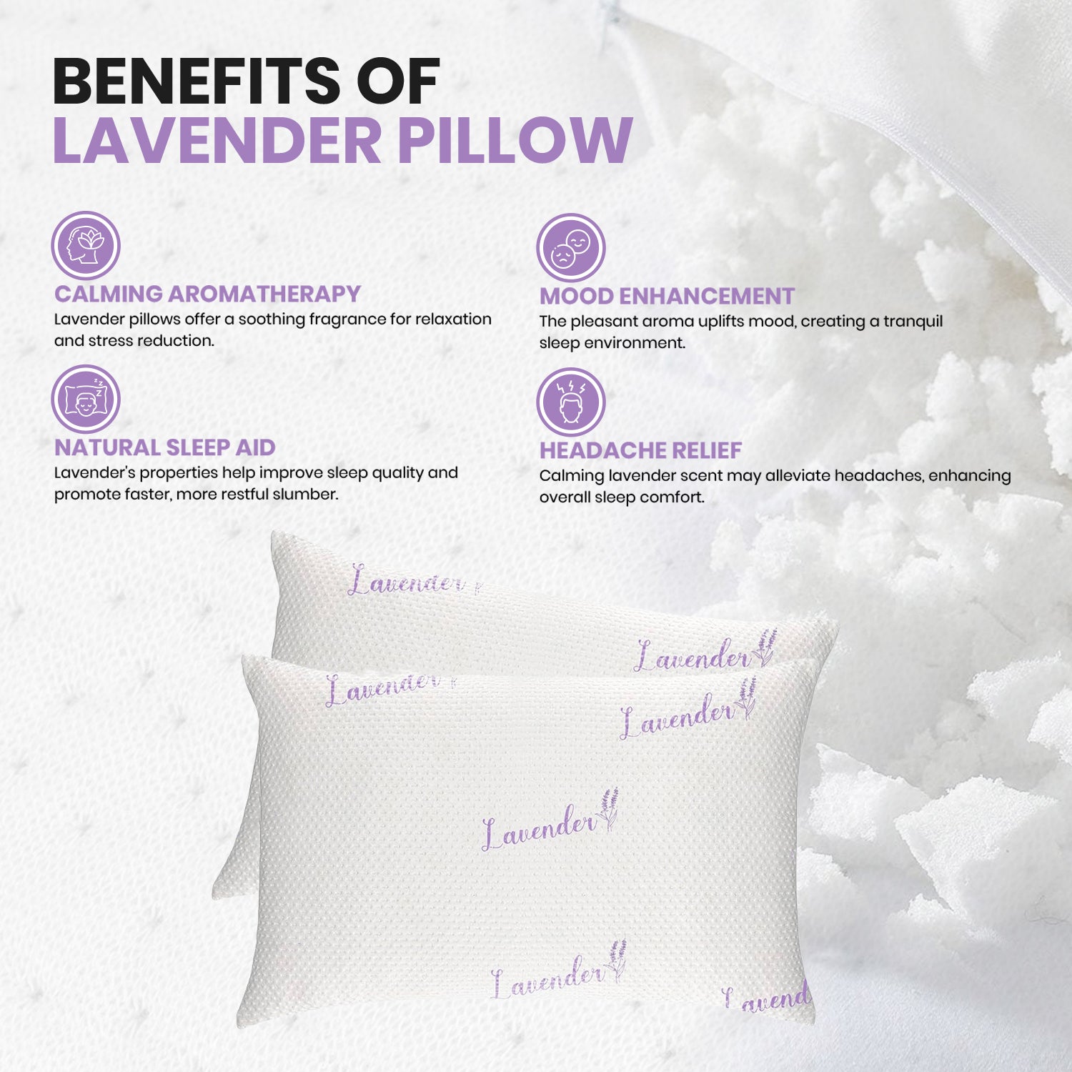 2-Pack: Soothing Lavender Infused Zen Memory Foam Cooling Pillows with Neck, Shoulder and Back Support - Relaxing for Side, Back, Stomach Sleepers