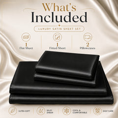 4-Piece Satin Bed Sheet Set – Silky Soft 100% Polyester Satin Sheets with 14-Inch Deep Pocket Fitted Sheet, Hypoallergenic 90 GSM Bedding Set, Full, Queen & King