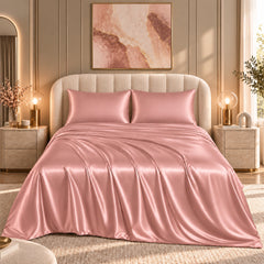 4-Piece Satin Bed Sheet Set – Silky Soft 100% Polyester Satin Sheets with 14-Inch Deep Pocket Fitted Sheet, Hypoallergenic 90 GSM Bedding Set, Full, Queen & King