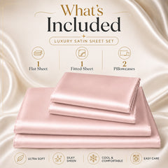 4-Piece Satin Bed Sheet Set – Silky Soft 100% Polyester Satin Sheets with 14-Inch Deep Pocket Fitted Sheet, Hypoallergenic 90 GSM Bedding Set, Full, Queen & King
