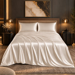 4-Piece Satin Bed Sheet Set – Silky Soft 100% Polyester Satin Sheets with 14-Inch Deep Pocket Fitted Sheet, Hypoallergenic 90 GSM Bedding Set, Full, Queen & King