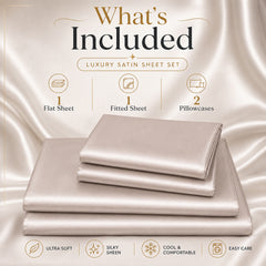 4-Piece Satin Bed Sheet Set – Silky Soft 100% Polyester Satin Sheets with 14-Inch Deep Pocket Fitted Sheet, Hypoallergenic 90 GSM Bedding Set, Full, Queen & King