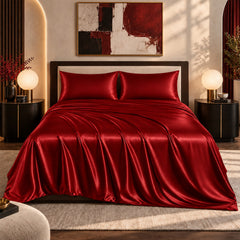 4-Piece Satin Bed Sheet Set – Silky Soft 100% Polyester Satin Sheets with 14-Inch Deep Pocket Fitted Sheet, Hypoallergenic 90 GSM Bedding Set, Full, Queen & King
