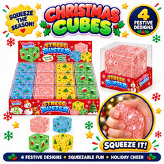 Christmas Squishy Stress Cube – Soft TPR Holiday Sensory Fidget Toy, Assorted Festive Designs for Desk, Stocking Stuffers, Christmas Party Favors & Gift Baskets