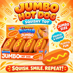 Jumbo Hot Dog Slow-Rebound Squishy Toy – Soft Stretchy TPR Food Sensory Fidget with Bun and Condiment Details, Oversized Squeeze Toy for Desk & Novelty Gifts
