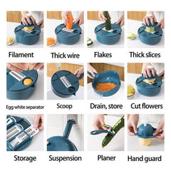 12-Piece: Multifunctional Vegetable Cutter Chopper Drainer, Grater, Slicer Kitchen Tool Set with hand Protector