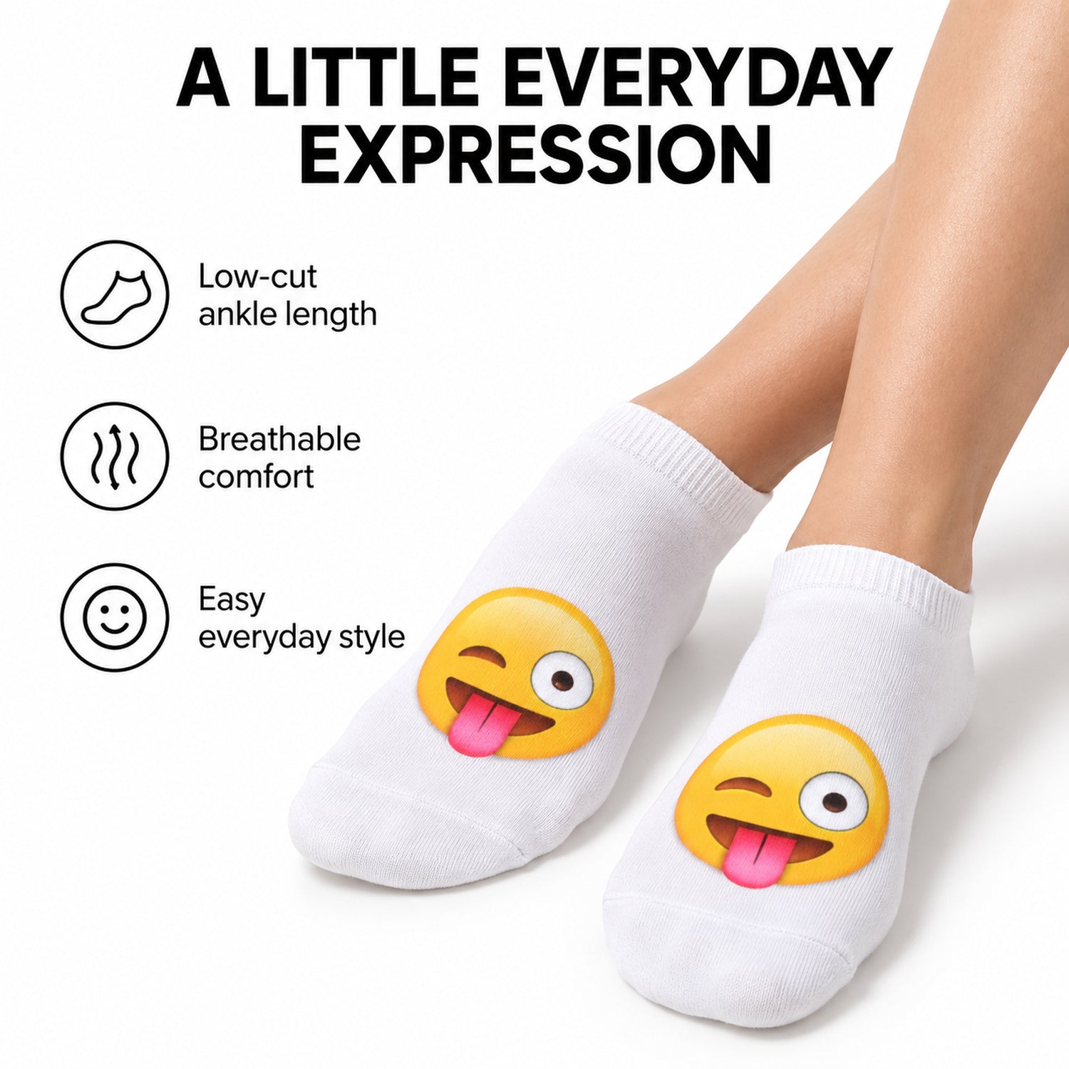 4-Pair Emoji Ankle Socks, Breathable Unisex Novelty Socks for Everyday Wear