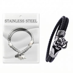 Black Leather Bracelet for Men & Women – Braided Double Strand Cuff with Stainless Steel Magnetic Clasp – Skull & Wheel Charm Options