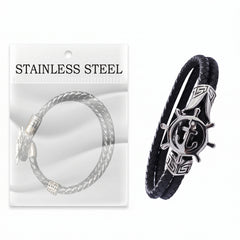 Black Leather Bracelet for Men & Women – Braided Double Strand Cuff with Stainless Steel Magnetic Clasp – Skull & Wheel Charm Options