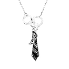 Handcuff Charm Necklace for Women – Silver Tone Chain with Mask & Tie Pendant – Edgy Statement Jewelry Gift (18”)