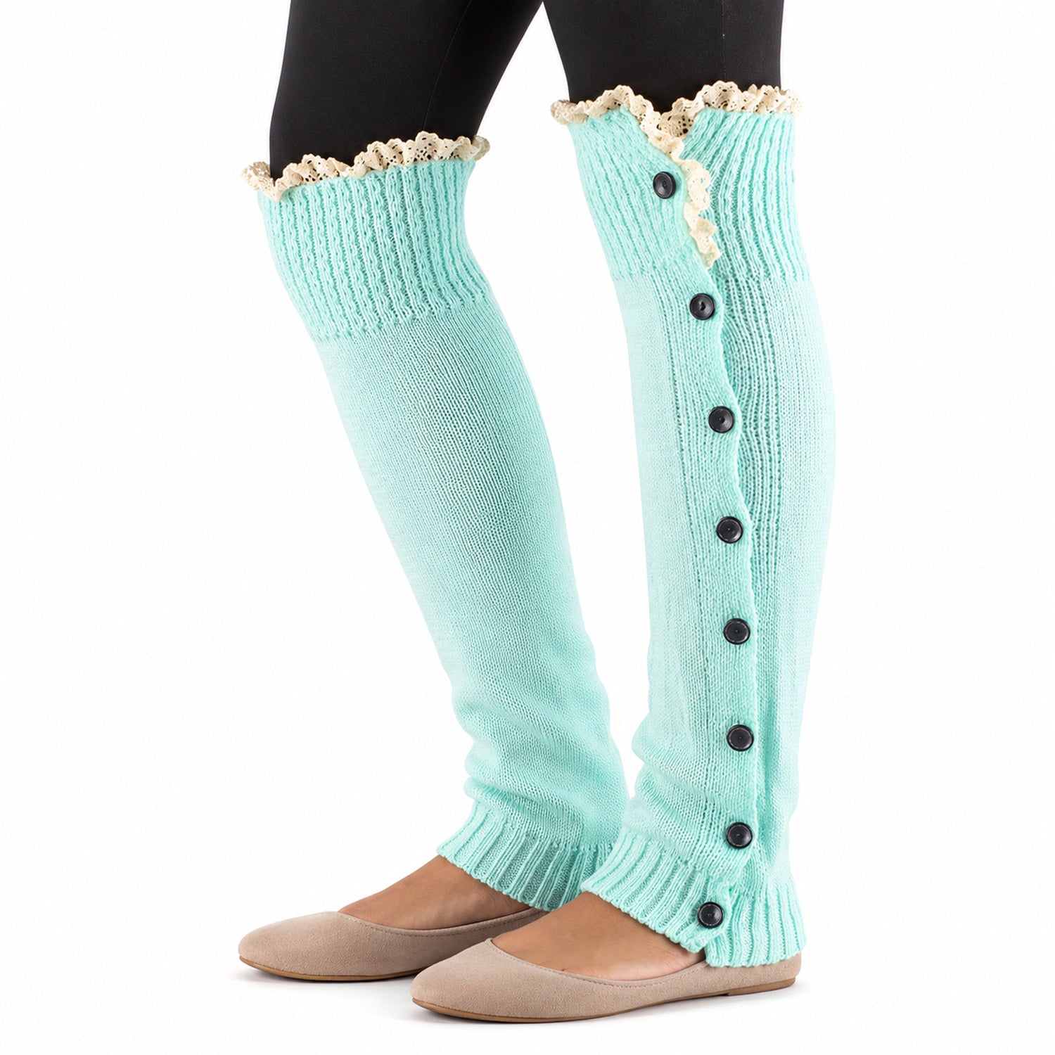 Button-Detail Knit Leg Warmers, Long Boot Cuffs for Cozy Layering