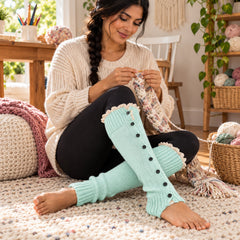 Button-Detail Knit Leg Warmers, Long Boot Cuffs for Cozy Layering