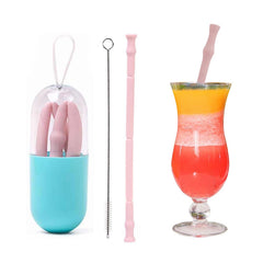 Reusable Silicone Straw with Travel Case & Cleaning Brush, Foldable Drinking Straw