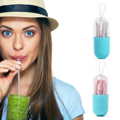 Reusable Silicone Straw with Travel Case & Cleaning Brush, Foldable Drinking Straw