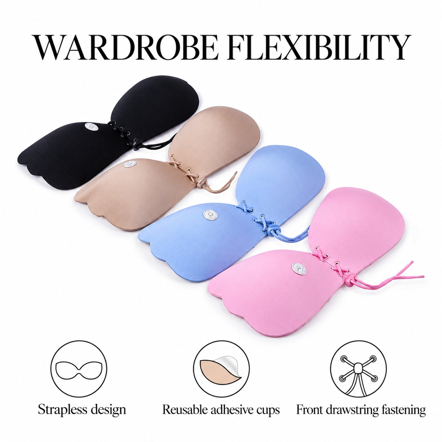 Reusable Strapless Adhesive Push-Up Bra, Backless Front-Fastening Cups, A to D