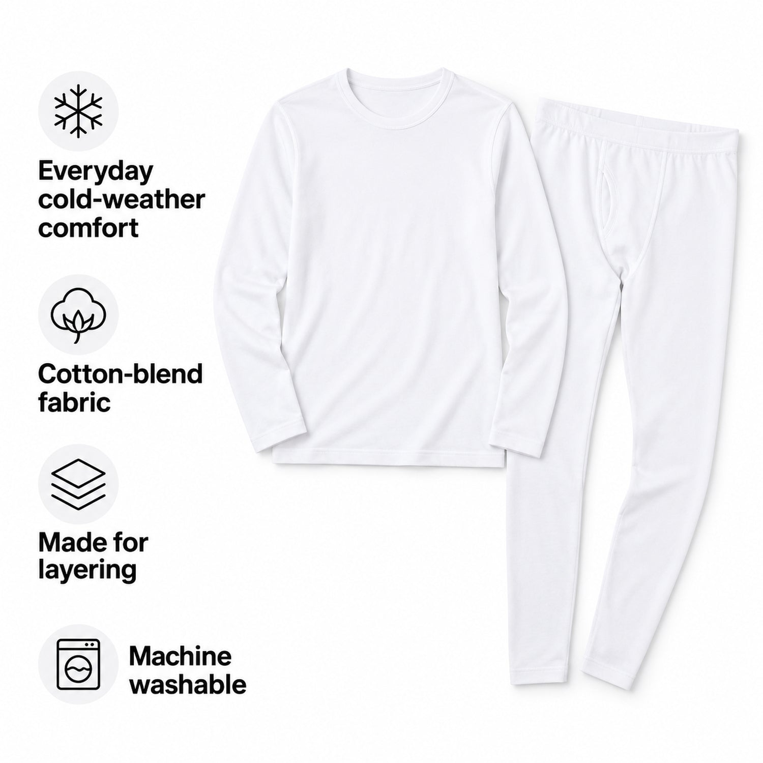 Men's Cotton-Blend Thermal Underwear Set, Long-Sleeve Base Layer Top & Bottoms, White